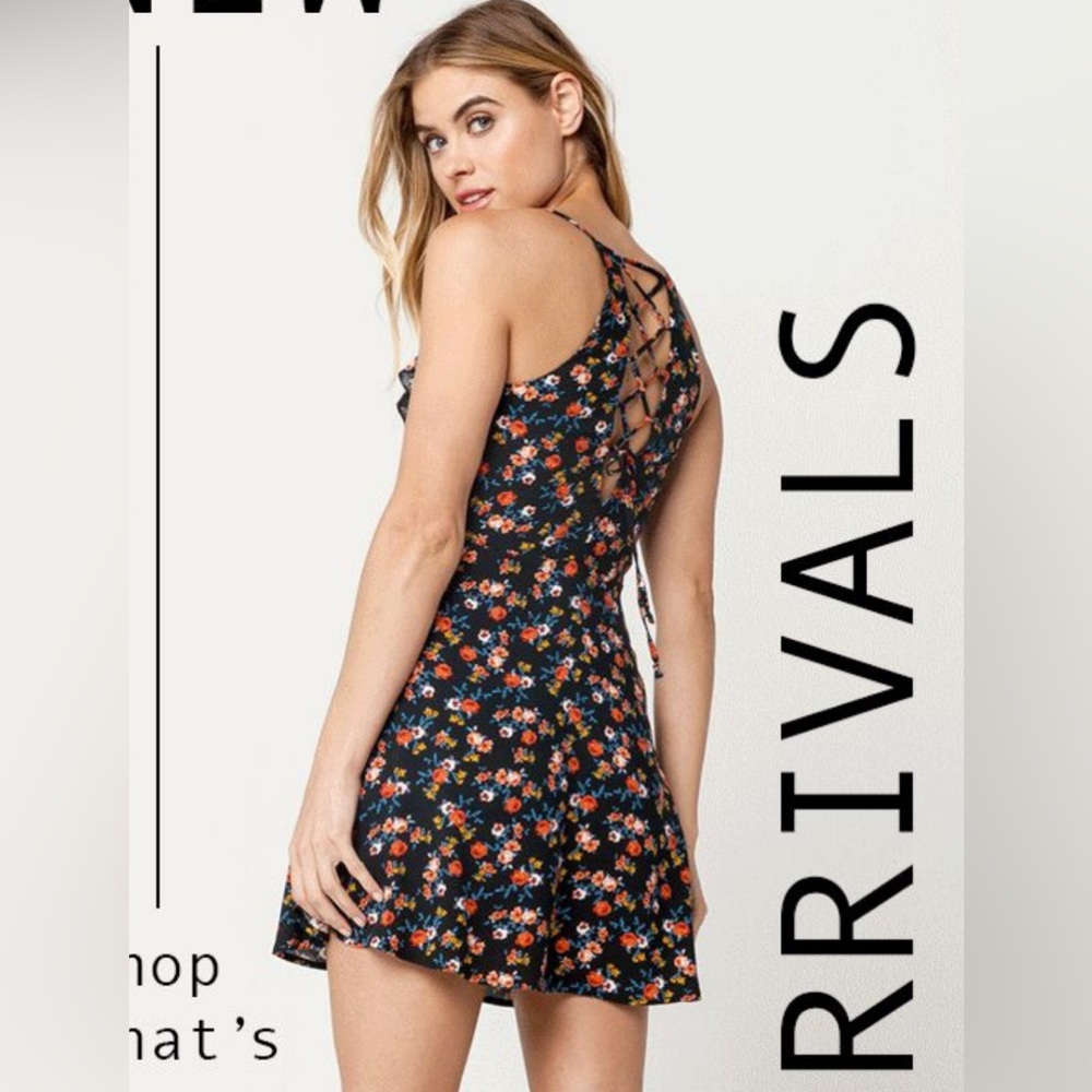 American Eagle Outfitters Black Floral Mini Dress with Lace-Up Back